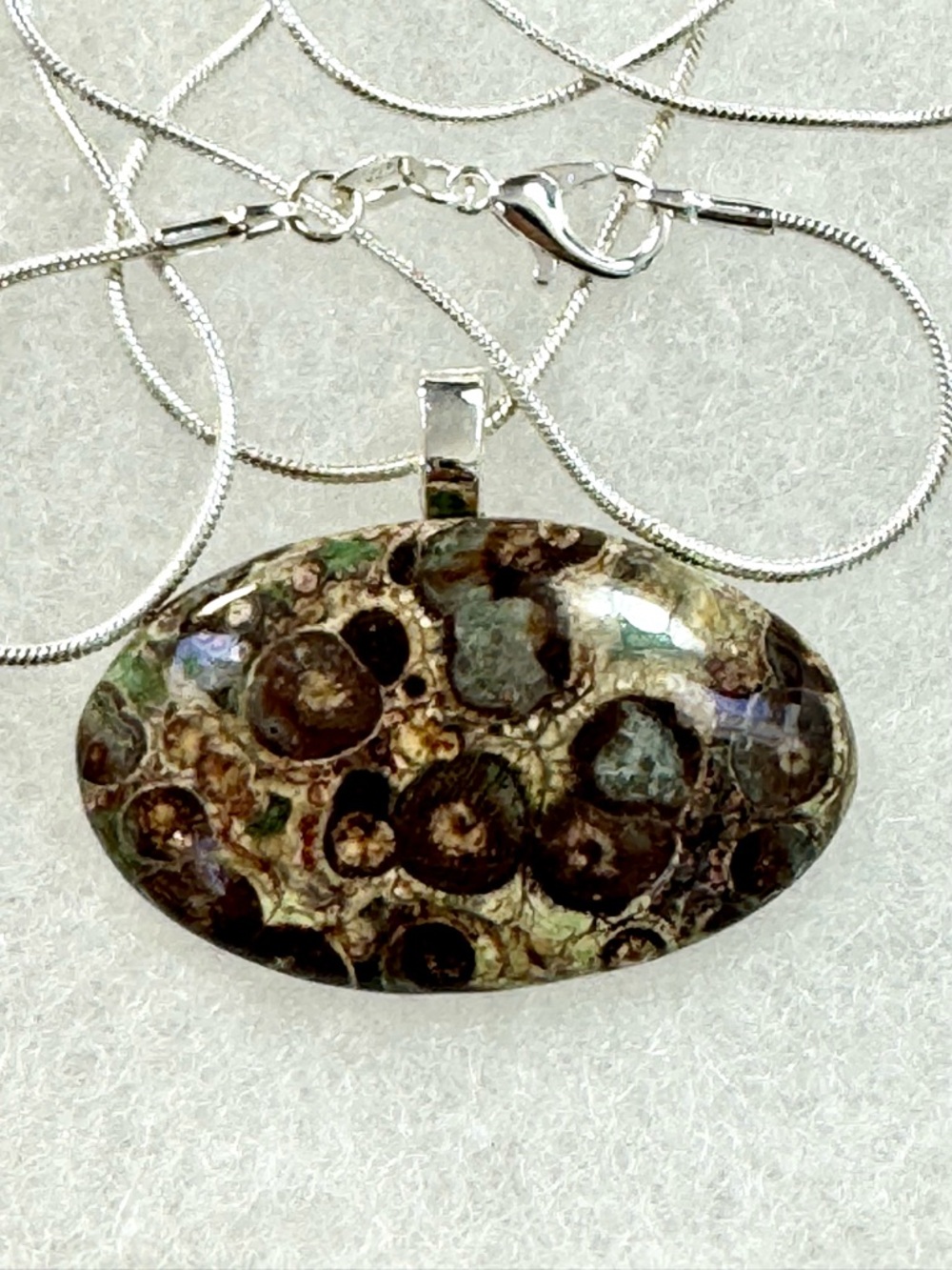 Natural Ocean Jasper Oval Pendant, SS Necklace - Brown & Green